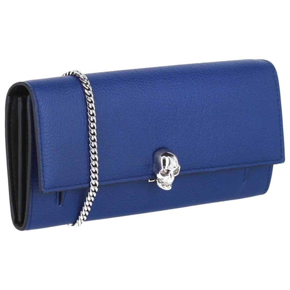 Alexander McQueen Skull Wallet on Chain Blue Leather Silver WOC Rare